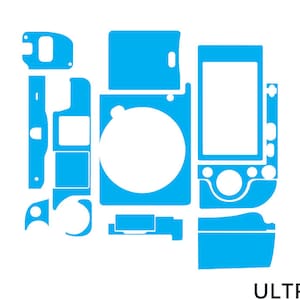 Può includere: Un set di pellicole adesive in vinile blu per una fotocamera. Le pellicole coprono il davanti, il retro e i lati della fotocamera.