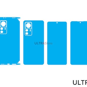 May include: A set of three blue phone skins for a smartphone with a triple camera lens. The skins are designed to cover the back and sides of the phone. The brand name "ULTRAskins" is printed on the skin.