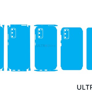 May include: A set of blue phone skin templates, displaying different cutouts for a smartphone. The skins are a vibrant blue, with white outlines highlighting camera and button positions. The brand name "ULTRAskins" is visible in the bottom right corner.