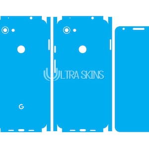 May include: A blue phone skin template for a Google Pixel phone. The template includes the front, back, and side pieces of the phone.