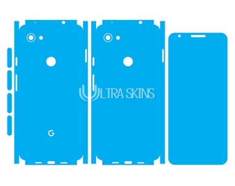 May include: A blue phone skin template for a Google Pixel phone. The template includes the front, back, and side pieces of the phone.
