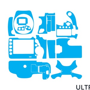 May include: A set of blue vinyl decals for a camera. The decals are designed to cover the top, bottom, and sides of the camera.