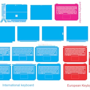 以下が含まれることがあります： ラップトップスキン用の異なるキーボードレイアウトを示す図。レイアウトには、国際、ヨーロッパ、日本が含まれます。スキンは青、赤、ピンクです。