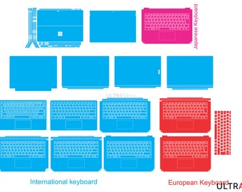 May include: A diagram showing different keyboard layouts for laptop skins. The layouts include International, European, and Japanese. The skins are blue, red, and pink.