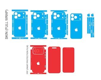 May include: A diagram of phone skins in blue and red, with the text "SKIN (FULL WRAP)" and "PPF (PAINT PROTECTION FILM)". The blue skins have an Apple logo. The red skins also have an Apple logo.