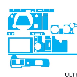 May include: A blue camera skin decal set for a Sony camera. The set includes decals for the top, front, and back of the camera, as well as the lens.
