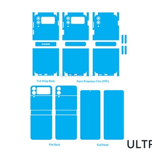 May include: A blue phone skin template for a Samsung Galaxy Z Fold 4. The template includes a full wrap back, paint protection film (PPF), flat back, and full front.