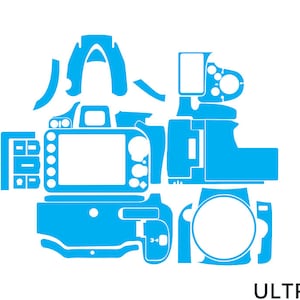 May include: A blue die-cut vinyl skin kit for a digital camera, featuring various shaped pieces to cover the camera body. The design includes cutouts for the lens, buttons, and screen. The text "ULTRAskins" is in the bottom right corner.