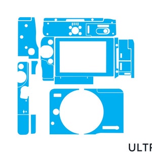 Könnte beinhalten: Ein blaues Kamera-Skin-Set mit verschiedenen Aussparungen für eine Digitalkamera. Das Design umfasst einen großen kreisförmigen Objektivbereich, einen rechteckigen Bildschirm und mehrere Ausschnitte für Tasten und Anschlüsse. Der Text "ULTRAskins" befindet sich unten rechts.