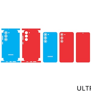 May include: A collection of blue and red phone skins, featuring cutouts for cameras and buttons. The word "SAMSUNG" is visible on the blue skins. The brand name "ULTRASkins" is displayed at the bottom.