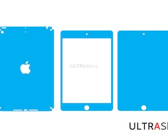 May include: Three blue tablet skins are displayed. The front skin has a white Apple logo. The middle skin shows the screen with the text "ULTRASkins". The text "ULTRASkins" is at the bottom of the image.