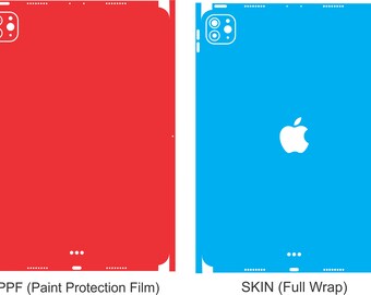 May include: Two phone cases, one red and one blue, with a camera cutout and a logo. The red case is labeled "PPF (Paint Protection Film)" and the blue case is labeled "SKIN (Full Wrap)".