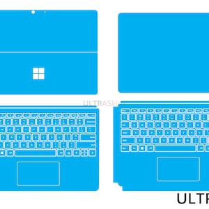 May include: A blue laptop skin template for a Microsoft Surface Pro. The template includes the top, bottom, and keyboard sections.