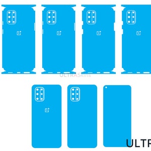 May include: A set of four blue phone skins for a OnePlus phone. The skins cover the back and sides of the phone. The skins have a cutout for the camera lens and the OnePlus logo. The skins are also available in a single pack.