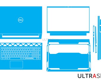 May include: A blue laptop skin template for a Dell laptop. The template includes a skin for the top of the laptop, the keyboard, the touchpad, and the screen bezel. The template also includes a skin for the laptop's lid.