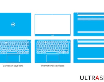 May include: A blue laptop skin template with a Dell logo and keyboard layouts for both European and International keyboards.