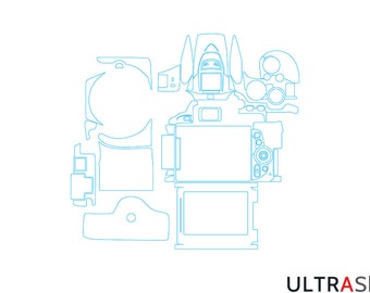 May include: A blue outline diagram of a camera body with various sections labelled. The diagram is for a camera skin template.