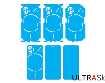 May include: A set of blue phone skin templates for a smartphone. The templates include a back skin, a front skin, and a camera lens cover. The templates are designed to fit a phone with a triple camera system.