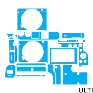 May include: A blue and white skin decal set for a camera. The set includes a variety of shapes and sizes to cover the entire camera body.