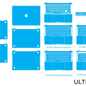May include: A blue and white laptop skin template with different keyboard layouts for Japanese, European, and International keyboards. The template includes a top cover, bottom cover, and keyboard cover. The template is designed for the A1708 model.