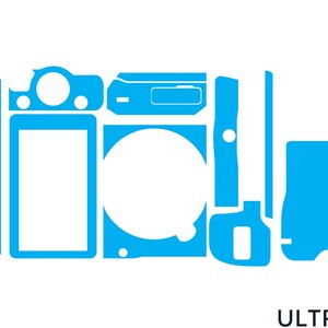 May include: A blue camera skin decal set for a mirrorless camera. The decal set includes a large rectangle for the camera body, a smaller rectangle for the screen, and a smaller rectangle for the top of the camera. The decal set also includes a small rectangle for the side of the camera and a small rectangle for the bottom of the camera.