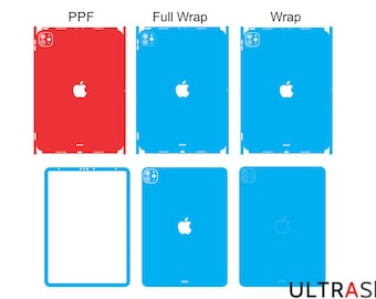 May include: Three different iPad screen protector options: PPF, Full Wrap, and Wrap. The PPF option is red, the Full Wrap and Wrap options are blue. The screen protectors are shown on a white background.