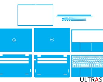 May include: A blue laptop skin template for a Dell laptop. The template includes a skin for the top, bottom, and keyboard area. The template also includes a skin for the touchpad and the area around the touchpad.
