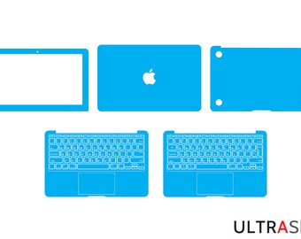 May include: A blue laptop skin template with a cutout for the Apple logo and keyboard. The template includes a top, bottom, and keyboard cover.