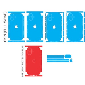 May include: A diagram of phone skins and paint protection film (PPF) in blue and red. The blue skins are for a full wrap, and the red PPF is for the back of the phone. The Apple logo is visible on the phone skins.
