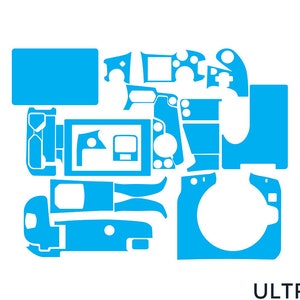 Könnte beinhalten: Ein Satz blauer Vinyl-Skins für eine Kamera. Die Skins bedecken den Körper, das Objektiv und den Bildschirm der Kamera.