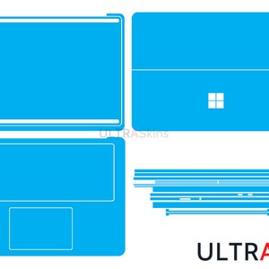 Peut inclure: Un modèle de peau de portable bleu pour un ordinateur portable Microsoft Surface. Le modèle comprend les zones supérieure, inférieure et du repose-poignets de l'ordinateur portable. Le modèle comprend également une peau séparée pour le clavier.