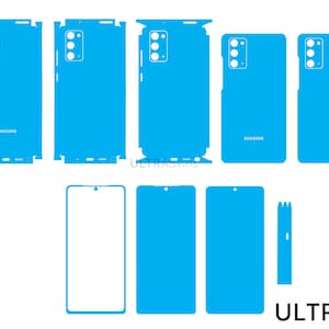 May include: A set of blue phone skins for a Samsung phone. The skins cover the back, sides, and front of the phone. The skins are designed to protect the phone from scratches and damage. The skins are also easy to apply and remove.