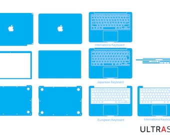May include: A diagram showing different keyboard layouts for a laptop skin. The layouts include International, Japanese, and European. The skin is blue.