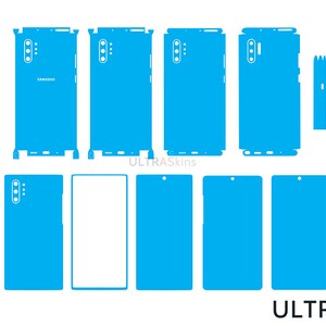 Op de afbeelding: Een set blauwe schermbeschermers voor een Samsung Galaxy Note 10 Plus. De beschermers zijn ontworpen om de voor-, achter- en zijkanten van de telefoon te bedekken. De set bevat een schermbeschermer voor de voorkant van de telefoon, een schermbeschermer voor de achterkant van de telefoon en een schermbeschermer voor de zijkanten van de telefoon. De set bevat ook een set kleine schermbeschermers voor de cameralenzen aan de achterkant van de telefoon.
