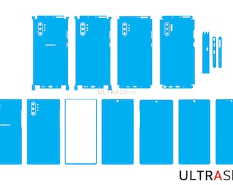 May include: A set of blue phone screen protectors for a Samsung Galaxy Note 10 Plus. The protectors are designed to cover the front, back, and sides of the phone. The set includes a screen protector for the front of the phone, a screen protector for the back of the phone, and a screen protector for the sides of the phone. The set also includes a set of small screen protectors for the camera lenses on the back of the phone.