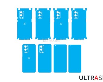 May include: A set of blue phone skins for a OnePlus phone. The skins cover the back and sides of the phone, and have cutouts for the camera and buttons. The skins are made of a durable, high-quality material and are easy to apply and remove.