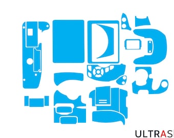 May include: A blue skin decal set for a handheld gaming device. The set includes a variety of shapes and sizes to cover the entire device, including the screen, buttons, and back.