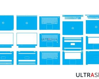May include: A set of blue laptop skin templates for a Dell laptop. The templates include the top, bottom, palm rest, and keyboard areas. The templates are labeled with the text "ULTRA Skins".