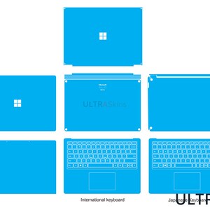 May include: A blue laptop skin with the text "ULTRAskins" on the top. The skin is designed to fit a Microsoft Surface laptop. The skin includes a top cover, bottom cover, palm rest, and keyboard cover. The keyboard cover is available in two versions: International and Japanese.