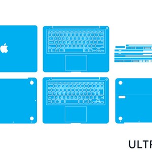 May include: A blue laptop skin template for a Macbook Pro. The template includes the top, bottom, and keyboard areas. The template is designed to be cut out and applied to the laptop.