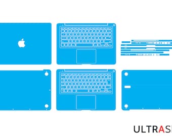 May include: A blue laptop skin template for a Macbook Pro. The template includes the top, bottom, and keyboard areas. The template is designed to be cut out and applied to the laptop.