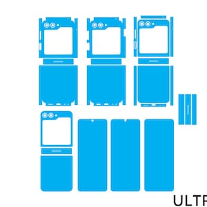 May include: A blue phone skin template for a Samsung Galaxy Z Fold 4. The template includes all the pieces needed to cover the front, back, and sides of the phone.