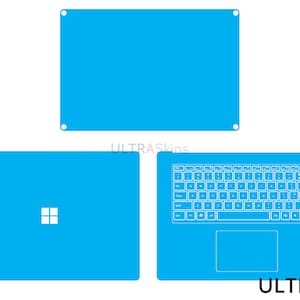 May include: A set of three blue laptop skins. The top skin is rectangular with rounded corners and four small holes. The bottom left skin has a white Microsoft logo. The bottom right skin shows a keyboard layout.