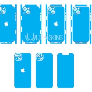 Op de afbeelding: Een set blauwe telefoon skins voor een iPhone met een camera-uitsparing en een Apple-logo. De skins zijn ontworpen om de achterkant en zijkanten van de telefoon te beschermen.