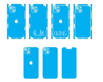May include: A set of blue phone skins for an iPhone with a camera cutout and an Apple logo. The skins are designed to protect the back and sides of the phone.