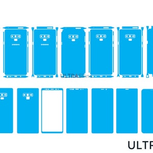 May include: A set of blue phone skin templates for a Samsung Galaxy Note 9. The templates include a front screen, back, and camera lens covers.