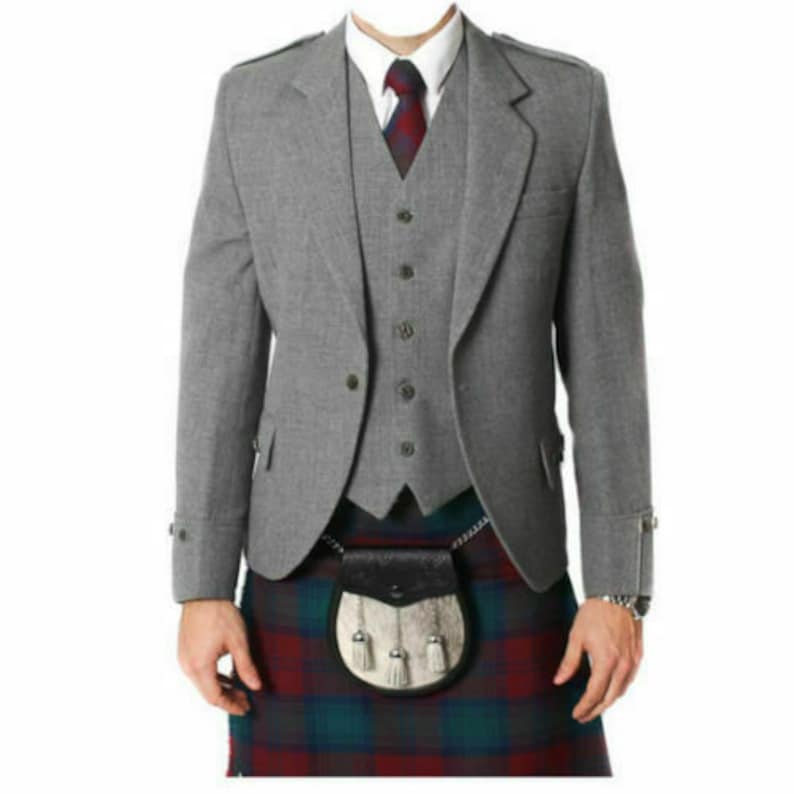 Scottish Grey Wool Argyle Kilt Jacket With Waistcoat Wedding Kilt