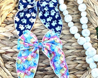 Ghost sailor bows, Halloween ghosts, ghost hair bow, serged Halloween bows, colorful ghost bow, little girl hair bow, spooky season bow