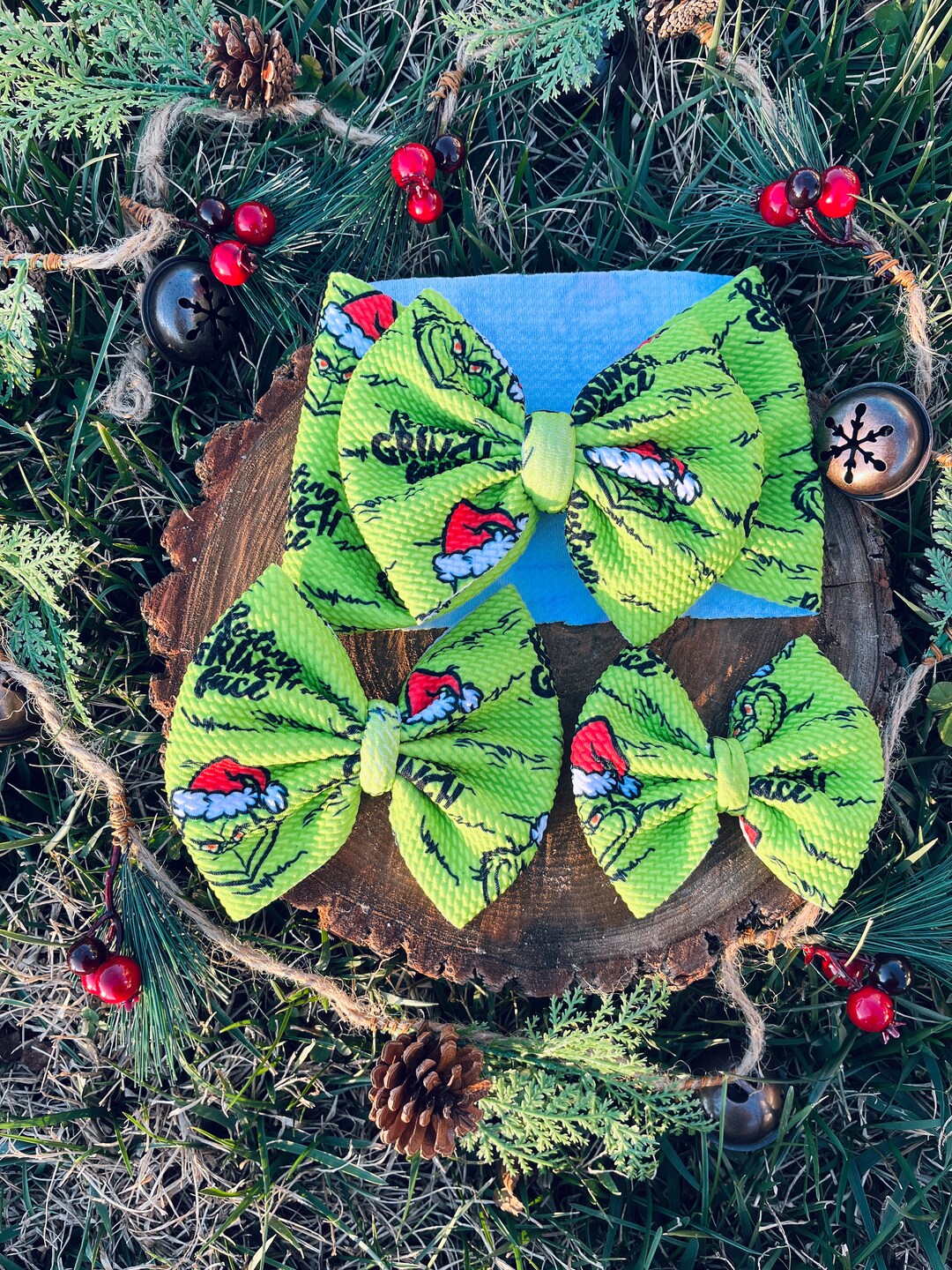 Christmas Hair Bow/ Head Wrap Bow/ Resting Grinch Face/ Top Knot Hair Bow/ Handmade/ Grinch Bow