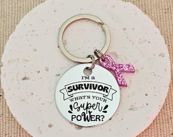 Breast Cancer Survivor Keychain – Personalized Engraved Aluminum with Pink Ribbon Charm